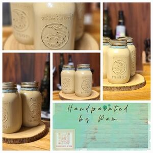 Painted Golden Harvest Mason Jars with Tree Slice Server